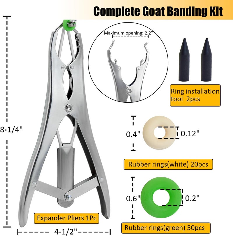 chicarry Goat Banding Kit, Stainless Steel Bander Snap Pliers with 70Pcs 2 Sizes Rings, Ring Installation Tool, Balloon Expander Pliers Tool - Image 2